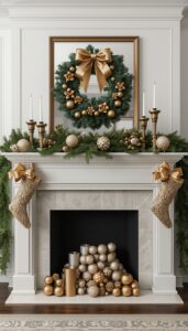 Elegant Christmas Mantel Decor with Metallic Accents