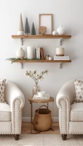 Neutral Christmas Decor on Shelves and Tables