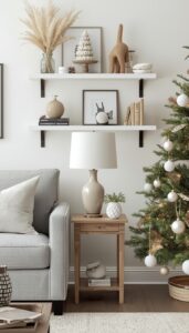 Neutral Christmas Decor on Shelves and Tables