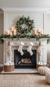 Neutral Christmas Mantel and Fireplace Styling