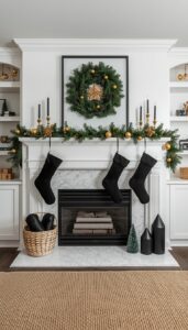 Black and Gold Christmas Mantel Styling