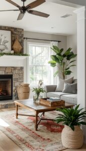 Cozy Farmhouse Living Room With Greenery