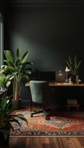 Dark Home Office With Greenery