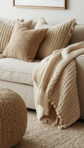 Layer throw pillows and blankets