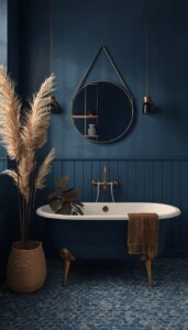 Moody Blue Bathroom With Natural Materials