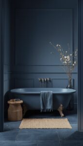 Moody Blue Bathroom With Natural Materials