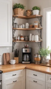Use corner shelves for storage