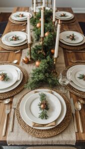 Use evergreen runners and woven linens