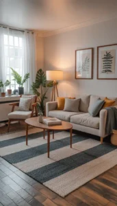 Use rugs sized for seating areas