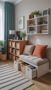 Use storage ottomans or benches