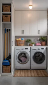 Use tall cabinets for brooms and mops