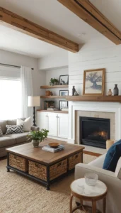 Incorporate wooden beams or shelves