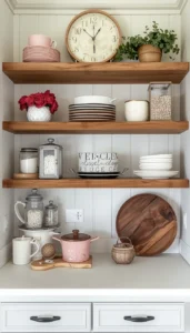 Style open shelves with soft accents