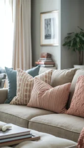 Add layered throw pillows on sofas