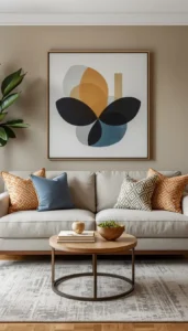 Hang a large artwork above the sofa