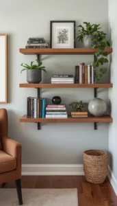 Install wall mounted shelves to save floor space