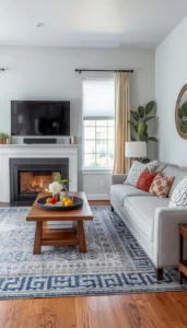 Place a large area rug under the seating area