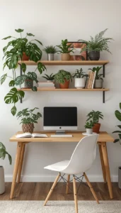 Place small plants on the desk or shelves