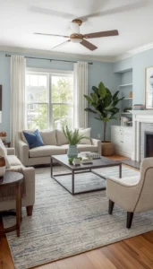 Select a large rug that fits under furniture