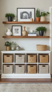 Use baskets or boxes for hidden storage