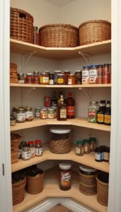 Use lazy susan organizers on corner shelves