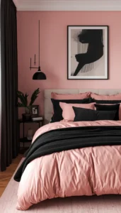 Use soft pink bedding with black accents