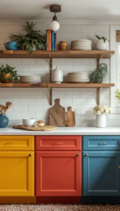 Open Shelving with Colorful Cabinet Combinations