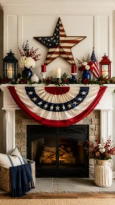 Classic Patriotic Mantle Decor with Red White and Blue Accents