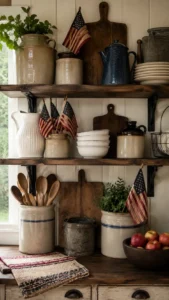 Style Open Shelves with Crocks and Flags