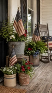Style Porch Planters with Flags and Greenery