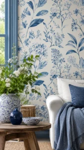 Botanical Blue Summer Wallpaper for a Nature Inspired Room