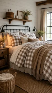 Farmhouse Gingham Bedding Ideas with Warm Texture
