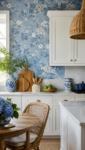 Pair Blue Wallpaper with White Cabinets