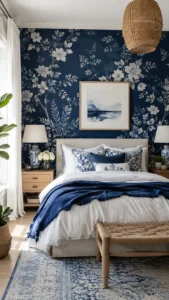 Use Navy Wallpaper Behind the Bed