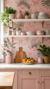 Use Pink Wallpaper Behind Open Shelves